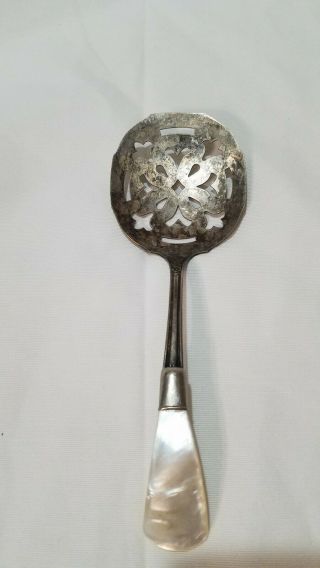 Antique Silver Plate Slotted Serving Spoon W/mother Of Pearl Handle,  7 3/4 " Lg
