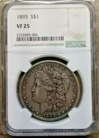 1893 P Morgan Silver Dollar Ngc Vf 25 " Very Rare Low Mintage "