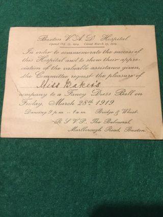 Rare Ww1 Buxton V.  A.  D Hospital Invitation Card Miss Baker
