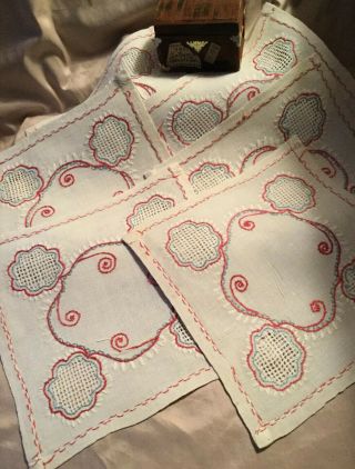 Set Of 6 Antique Hand Embroidered Linen Lace French Red - Work Cocktail Napkins