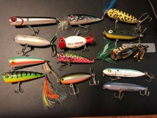 13 Vintage? Heddon,  Hula Popper,  Baby Torpedo,  And Others,  Fishing Lures -