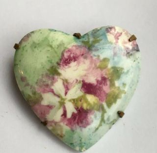 Antique Victorian Hand Painted Porcelain Heart Brooch Pin