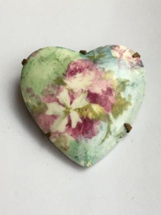 Antique Victorian Hand Painted Porcelain Heart Brooch Pin 2