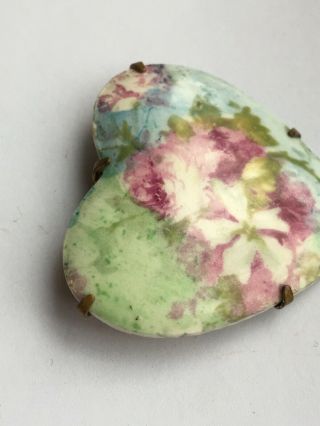 Antique Victorian Hand Painted Porcelain Heart Brooch Pin 3