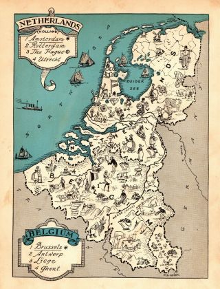 1932 Antique Animated Netherlands Map Rare Cartoon Picture Map Blu 7261