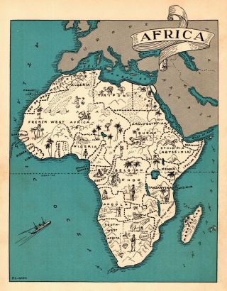 1932 Antique Animated Africa Map Rare Cartoon Picture Map Of Africa Blu 7271