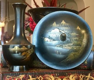 Rare Vintage Japanese Bronze/brass Vase & Pedestal Bowl & Lid Itched Mt.  Fuji
