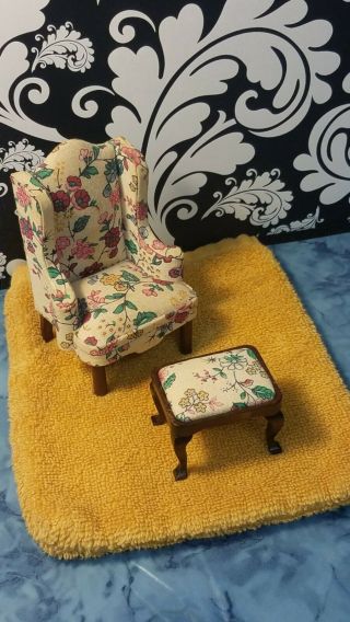 Miniature Wooden Dollhouse Furniture Upholstered Wing Back Chair And Ottoman