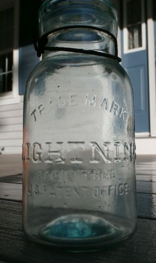Antique Putnam Lightning 31 Aqua Fruit Jar With Glass Lid