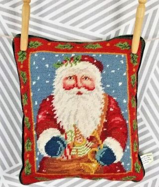 Vtg 11x10 Christmas Wool Needlepoint Pillow Santa Claus Velvet Back Throw Gift