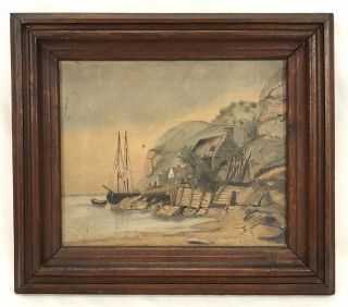 Antique Late 19th C Primitive Oil Painting River 10 X 12 Opening Frame