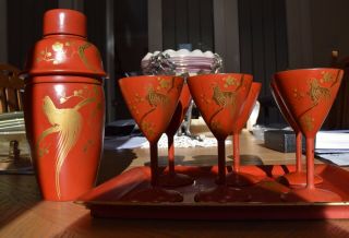 A Rare Japanese Lacquered Cocktail Set - Circa 1920/30s - 6 Cups/shaker And Tray