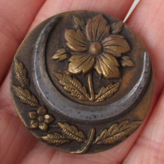 1 3/8 " Antique 1 - Piece Stamped Brass Button W Cut Steel Crescent & Flower Image