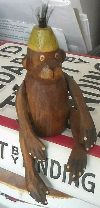 Rare Vintage Wooden Hand Carved Monkey W Fez Hat,  Shelf Sitter