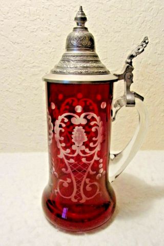 Antique Jug Stein Cranberry Glass Renaissance Style Rare W.  Germany 9 1/4 " Tall