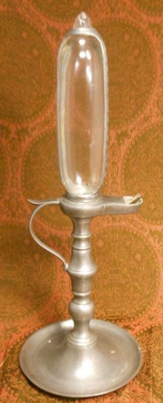 Rare Antique Pewter And Blown Glass Oil Lamp Clock,