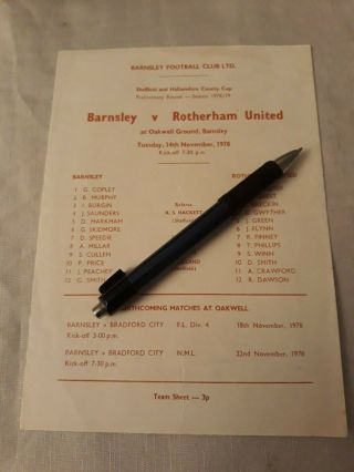 1978 Barnsley V Rotherham United County Cup Prel Rare Single Sheet Programme Ex
