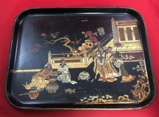Vintage Japanese Lacquer Tray Hand Painted Gold On Black Court Scene Asian Decor