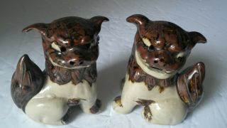 4 " Vtg.  Set Glazed Terra Cotta Foo Dogs Temple Guardian Lions