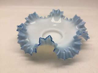 Antique Brides Basket Opalescent Glass Bowl Insert With Blue Ruffled Edge