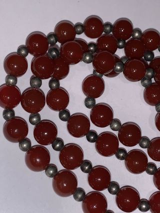 Vintage Chinese Red Jade Carnelian 8mm Bead Necklace 30”