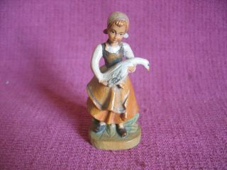 Carved Wooden Wood Figure Of Girl Holding A Goose - Blackforest Anri Toriart ?