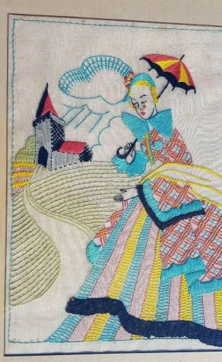 Vintage Picture Vivid Embroidered Crinoline Lady With Lace Trimming On Dress
