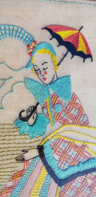 VINTAGE PICTURE VIVID EMBROIDERED CRINOLINE LADY WITH LACE TRIMMING ON DRESS 2