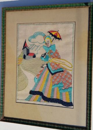 VINTAGE PICTURE VIVID EMBROIDERED CRINOLINE LADY WITH LACE TRIMMING ON DRESS 3