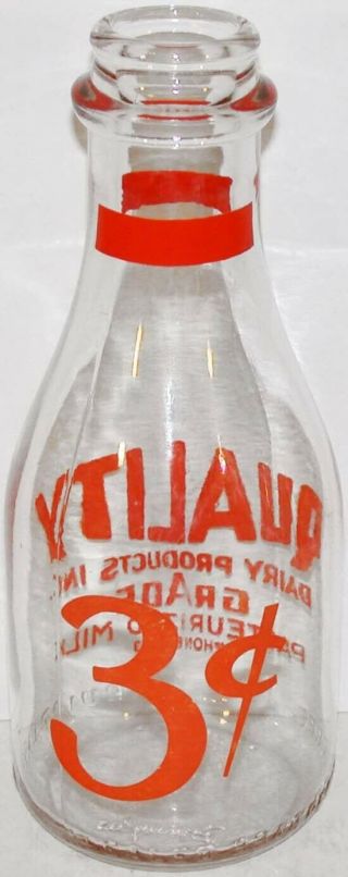 Vintage milk bottle QUALITY DAIRY PRODUCTS 3 cent pyro Lynchburg Virginia Rare 3