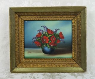 Vintage Mid Century Floral Still Life Oil Painting Vase Of Flowers Signed