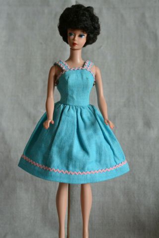 Vintage Barbie Handmade Turquoise Blue Sun Dress Pink Trim,  60s
