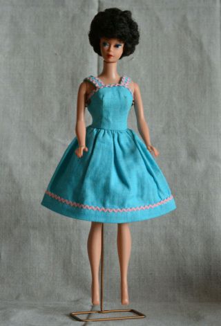 Vintage Barbie Handmade Turquoise Blue Sun Dress Pink Trim,  60s 2
