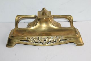 Large Antique Art Nouveau Brass Ink Well With Lid And Pen Tray