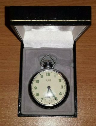 Vintage Smiths Empire Pocket Watch.  Rare White Face With Green Numbers,  Box