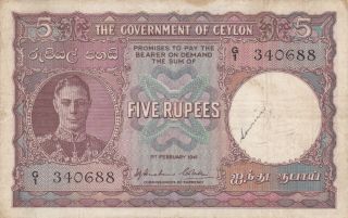 5 Rupees Fine,  Banknote From British Colony Of Ceylon 1941 Pick - 32 Rare