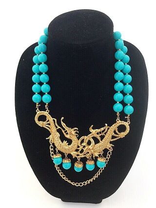 Pauline Rader Vintage Rare Massive Faux Turquoise Asian Dragon Necklace