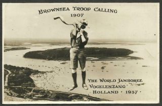 1937 Boy Scout World Jamboree Brownsea Troop Calling Baden Powell Postcard - Rare