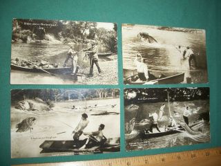 Set Of 4 Canada Exaggerated Fishing Photo Antique Postcards 1910 – Never Mailed