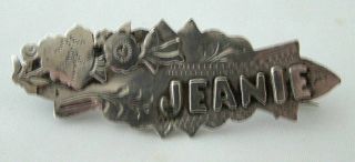 Antique Victorian Hallmarked Sterling Silver " Jeanie " Name Brooch C1895