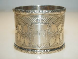 Antique Victorian Silver Plated Napkin Ring Monogram H E J Floral