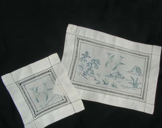 B ' FUL VTG 20 ' S/30 ' S HAND EMBROIDERED ORIENTAL SCENE & TINY BIRD SM TABLE MATS 3
