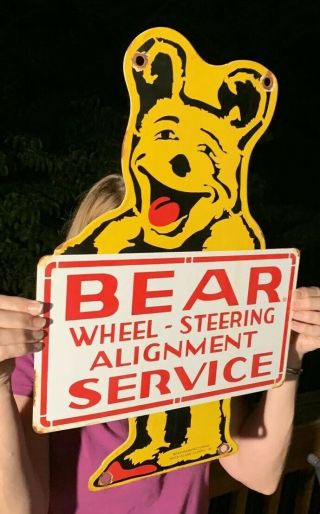 VINTAGE 1955 DATED DOUBLE SIDED BEAR PORCELAIN SIGN 20 X 13.  5 RARE 2