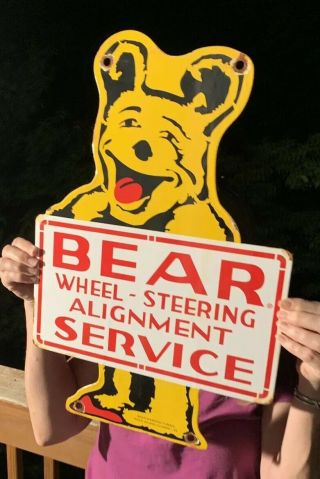 VINTAGE 1955 DATED DOUBLE SIDED BEAR PORCELAIN SIGN 20 X 13.  5 RARE 3
