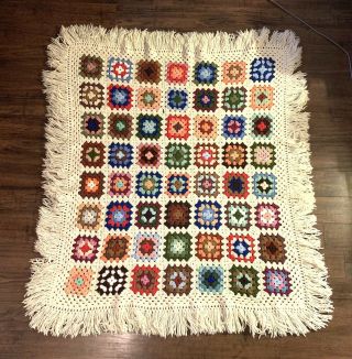 Vintage Hand Made Crochet Granny Square Afghan With Fringe Throw Blanket