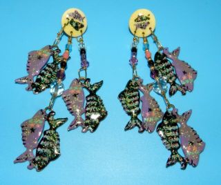 Lunch At The Ritz Designer Signed Fish Pierced Earrings 4 " Long Rare 1989 Dated