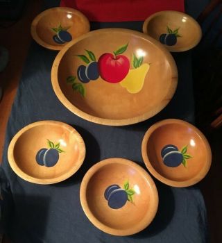 6 Piece Munising Vintage Wood Salad Bowl Set Hand Painted Fruit Apple Pear Plum