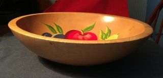 6 Piece MUNISING Vintage Wood Salad Bowl Set Hand Painted Fruit Apple Pear Plum 3