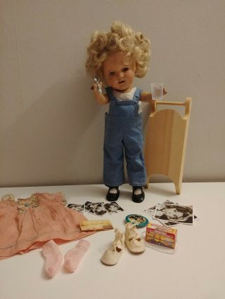 Vintage 13 " Composition Ideal Shirley Temple Doll With Sled Coveralls Dress