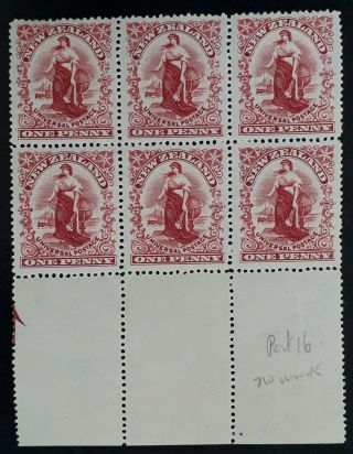 Rare 1901 - Zealand Block Of 6 X 1d Carmine Zealandia Stamps